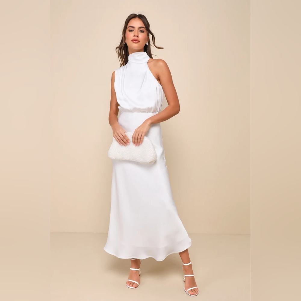 Lulu's Distinctive Charm White Satin Asymmetrical Midi Dress Party Bridal